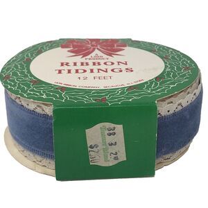 Blue Velvet w/Lace Edges Ribbon Tidings 1.375" Lion Ribbon Company 4 yd VTG NOS